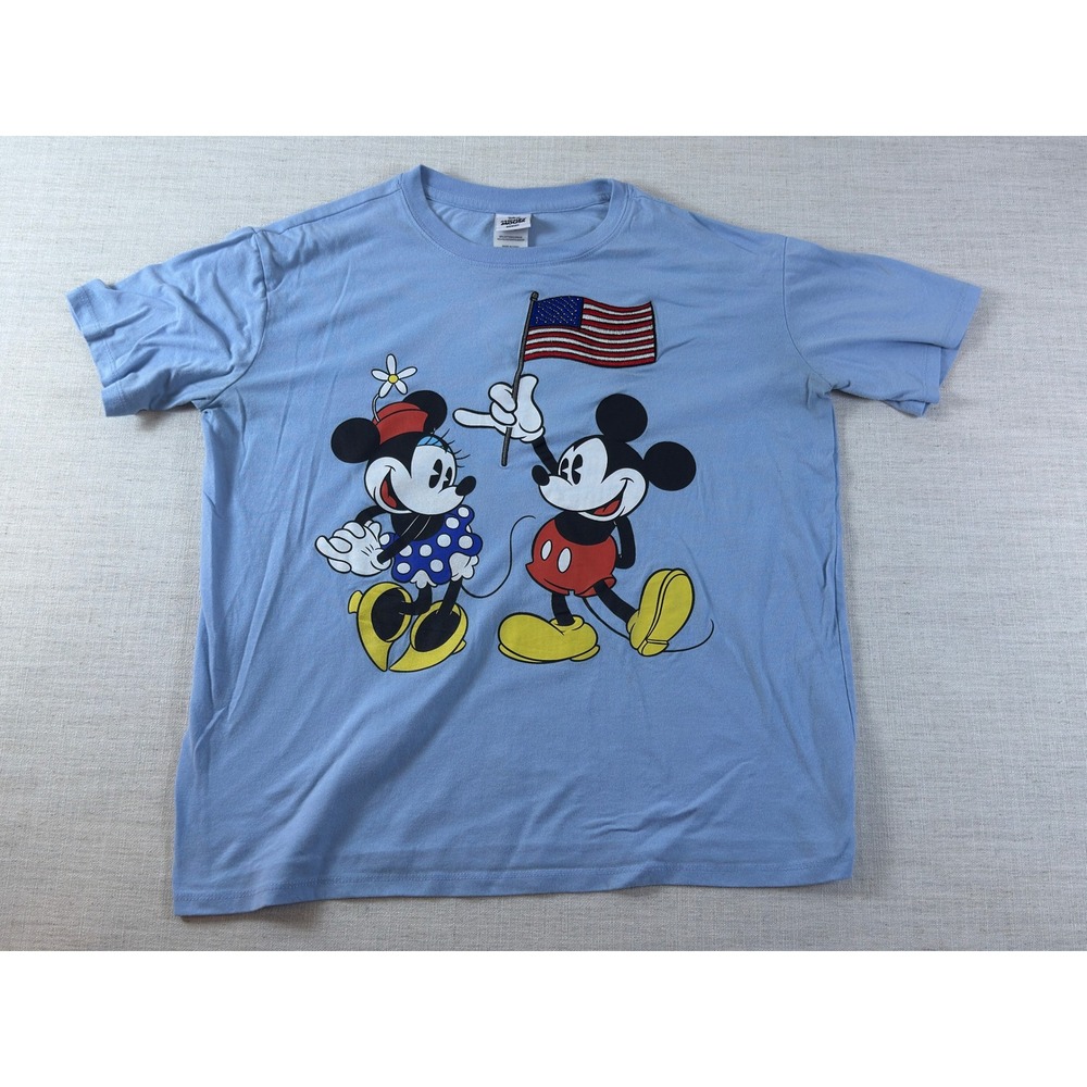 Disney Mickey Minnie Mouse American Flag Graphic T-Shirt Light Blue XL